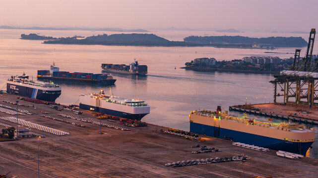 Singapore - October 2019: The NYK Vehicles carrier ships anchored at the Singapore port terminal.	
