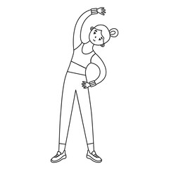 Girl in sport outfit working out, woman doing fitness icon, doodle of bending exercise, training in gym, vector illustration of sportswear, healthy lifestyle, sports bra, leggings, wrist weights, isol