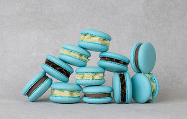 Traditional french blue macarons. blue macarons with different fillings