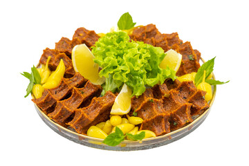 Cig kofte or raw meatballs isolated on white background. Traditional Turkish cuisine delicacies. Close-up.