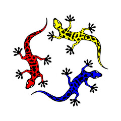 Vector drawing of a lizard. Red Gecko, Blue gecko, Yellow gecko