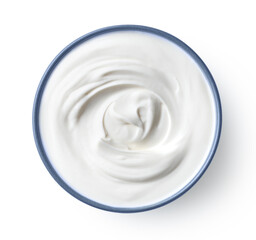 Blue ceramic bowl of fresh greek yogurt or sour cream