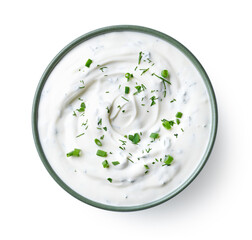 Green bowl of sour cream dip sauce with herbs - 539740374