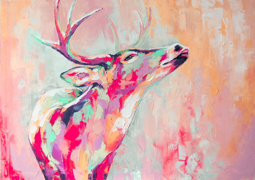 Oil deer portrait painting in multicolored tones. Closeup painting by oil and palette knife on canvas. Conceptual abstract painting of a deer muzzle. © Mari Dein