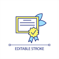Certificate yellow and blue RGB color icon. Official document. Verification paper. Training confirmation. Isolated vector illustration. Simple filled line drawing. Editable stroke. Arial font used