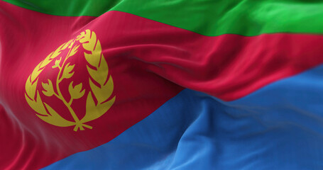 Close-up view of the Eritrea national flag waving in the wind.