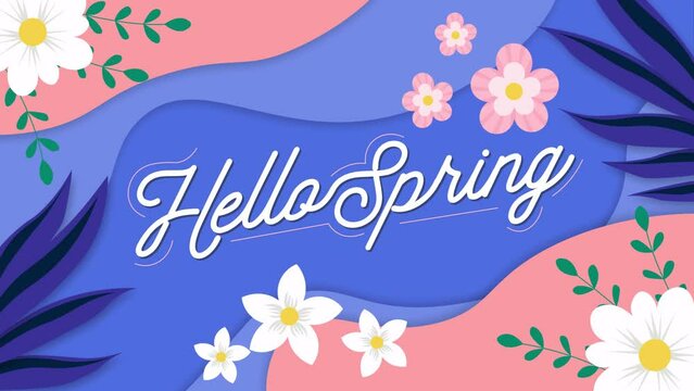 Hello spring text banner style cartoon scenery