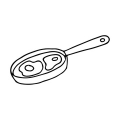 Breakfast. Frying pan with scrambled eggs. Tasty food. Fried eggs. Hand drawn. Doodle. Vector illustration. Outline.