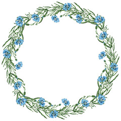 Obraz na płótnie Canvas Decorative floral wreath from drawn blue wild cornflowers