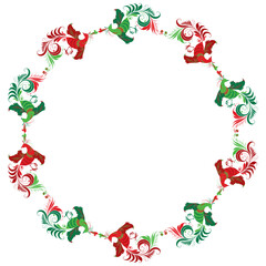 Round border from decorative fantasy green and red birds