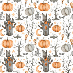 Halloween seamless pattern with haunted houses, trees, pumpkins, candies, moon and bats. Watercolor repeatable background