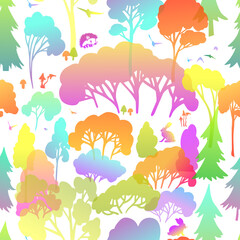 Fototapeta na wymiar Abstract seamless pattern with autumn forest. Seamless background of colored trees. Vector illustration. Trendy hand drawn textures.