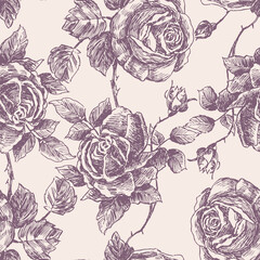 Seamless pattern of drawn roses with buds and leaves