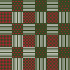Dark red and green seamless pattern with dotted, checkered, striped, star, and triangle for winter or Christmas background, textile, texture, decoration, web or print design
