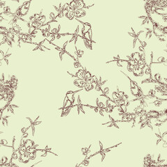 Seamless pattern of outlines hummingbirds on branch blossoming cherry tree