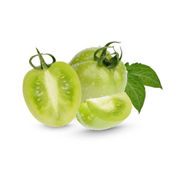 Fresh green tomatoes with leaves isolated on transparent background (.PNG)