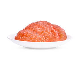 Pummelo peeled in a white plate isolated on transparent background (.PNG)