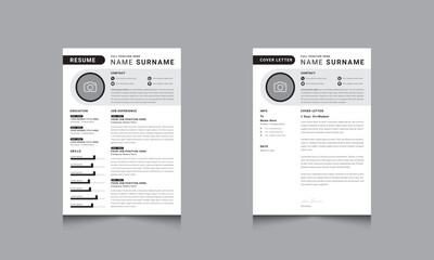Minimalist Resume CV Template Layout Black and White with Cover Letter