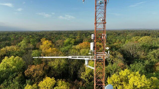 Science station forest weather meteorology monitoring measurements eddy covariance systems, scientist work man consist anemometer scientific tower research, pyranometer solar irradiance, radiometer
