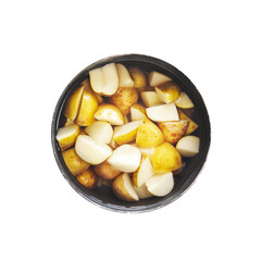 Isolated pot with farm, young potatoes on a transparent background. Natural simply food. Cooking potatoes 