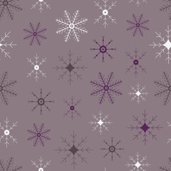 Snowflakes seamless pattern. Hand drawn 
purple winter background. Doodle festive vector print. Christmas, New Year snowflakes illustration	
