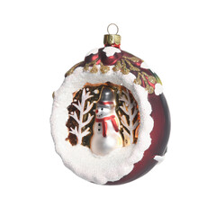 Christmas tree vintage decoration. Red glass ball with snowman. Jack Frost close up, isolated on white background.
