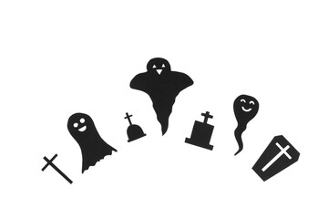 Happy halloween, Ghost, christian cross and grave make from black paper cut on white background, Decorative Halloween concept