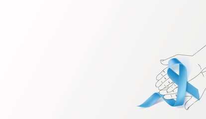 Hands Hold Blue  Prostate Cancer Awareness Ribbon. Vector illustration