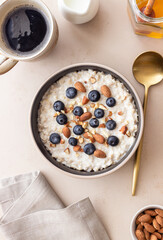 Oatmeal with blueberries, almonds and honey. Healthy food. Vegetarian food. Breakfast.