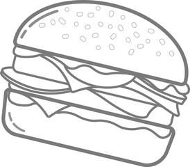Isolated vector Illustration of outline black Burger with sesame, meat ham and cheese isolated, icon, symbol, logo