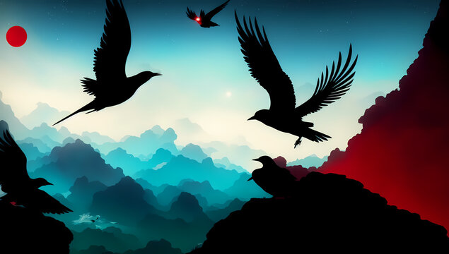 silhouette of birds in the mountains vector art