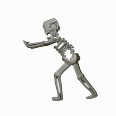 3D stylized model of a skeleton pushing a load in front of it. 3d render illustration
