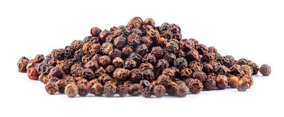 Hill of black pepper isolated on white background. Aromatic black pepper.