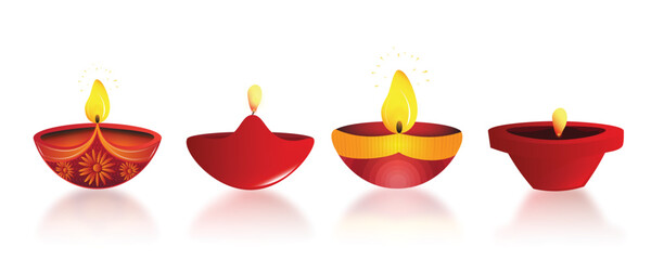 Diwali diya (Indian oil lamp) collection on white background. Indian Light Festival. Holiday design.