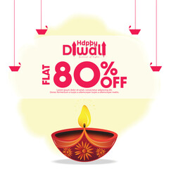 Happy Diwali Flat 80% Off. Vector design of big oil lamp on white background. Diwali Sale Festival season.
