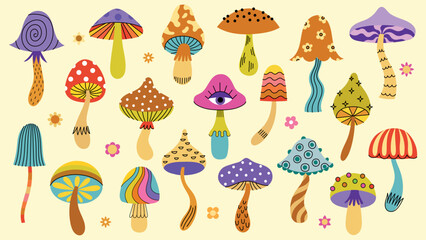 Groovy mushroom retro illustration set - 539749746