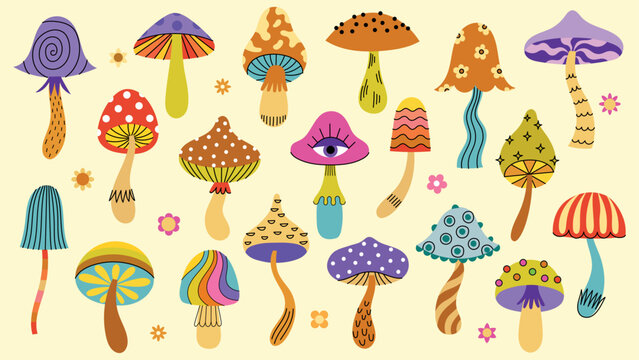 Groovy mushroom retro illustration set