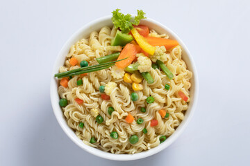 plane, chicken, egg, beef, prawn instant noddle's isolated on white background for design or packaging