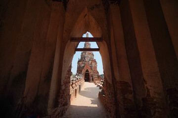 Ruins of pagodas and monks in Wat Khai Watthanaram, Ayutthaya, Thailand that were destroyed by...
