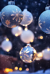 Fototapeta na wymiar Hanging Christmas balls, festive background with lights, Christmas background, digital illustration
