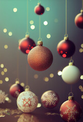 Illustration of hanging Christmas balls, pastel background, Christmas background, digital illustration