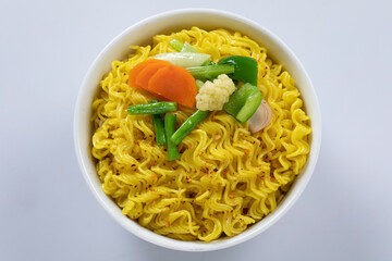 plane, chicken, egg, beef, prawn instant noddle's isolated on white background for design or packaging