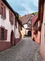 Fototapeta na wymiar Street of the traditional historic village of Gueberschwihr in Alsace, France
