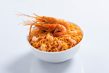 plane, chicken, egg, beef, prawn instant noddle's isolated on white background for design or packaging