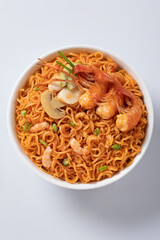 plane, chicken, egg, beef, prawn instant noddle's isolated on white background for design or packaging