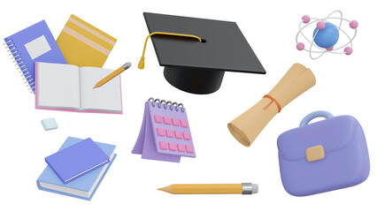 Fototapeta na wymiar Online education concept. Minimal background. Book and pencil on blue background. Clipping path of each element included. 3d rendering illustration.