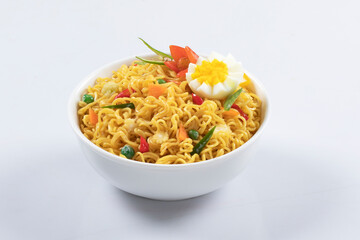 bowl of noddle with egg & vegetables
