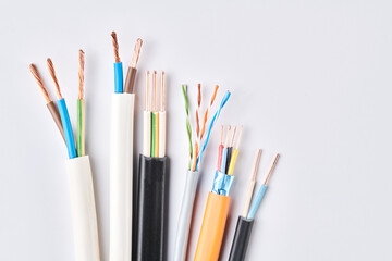 Electric cables, many copper wires with colored isolation isolated on white background