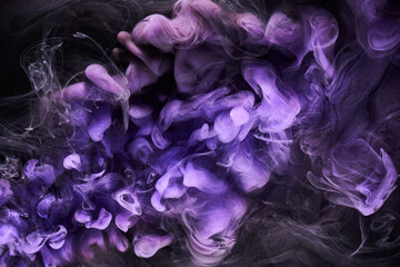 Purple lilac multicolored smoke abstract background, acrylic paint underwater explosion