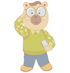 Obraz premium Cute cartoon illustration with teddy bear. Funny scientific discover looks through glasses. 